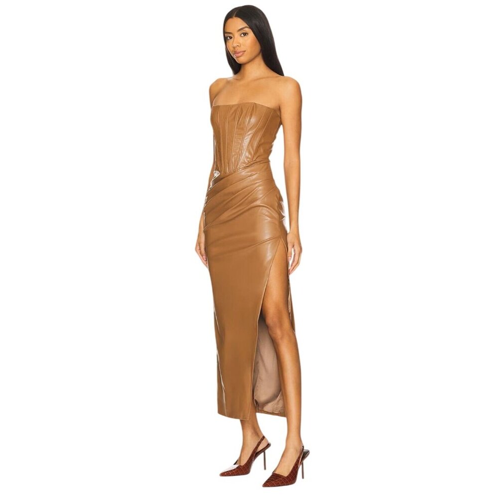 Bardot Everlasting Faux Leather Dress in Camel 2 New Womens Vegan Strapless Midi - Picture 3 of 16